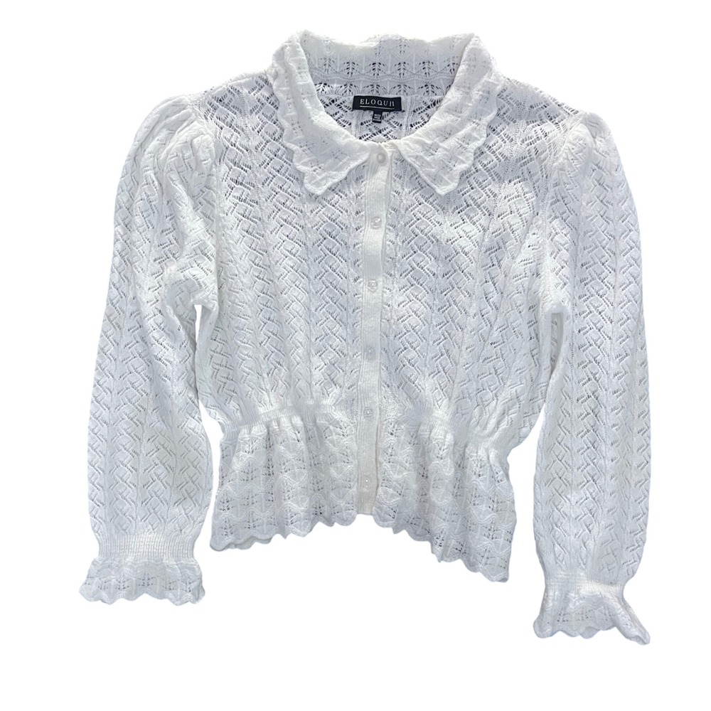 Eloquii White Pointelle Knit Peplum Cardigan Sweater Puff Sleeve 18/20